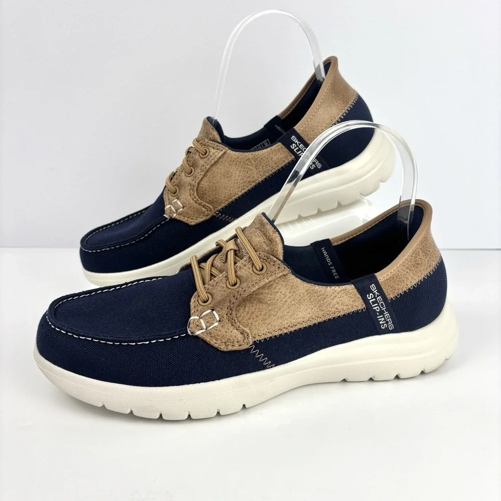 Skechers Slip-Ins Boat Shoes Navy Tan Canvas Women's 7 Air Cooled Memory